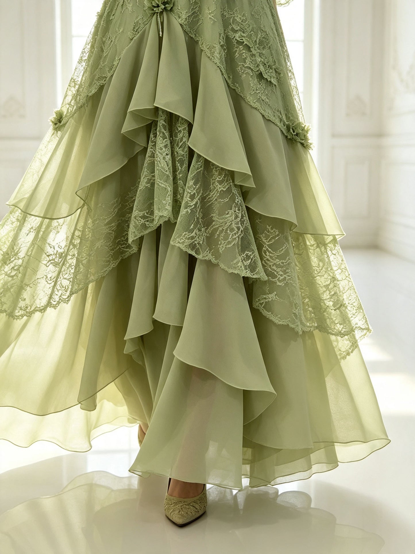Plus Size Sage Green Lace Wedding Guest Dress | 3D Floral V-Neck Flared Sleeve Ruffled Maxi Evening Gown