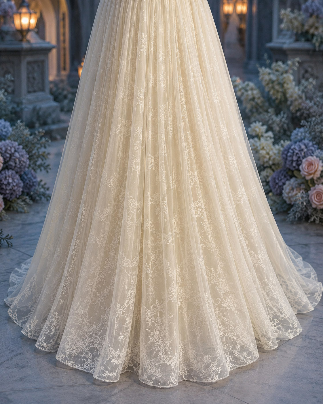 Off-Shoulder Scalloped Crystal-Beaded Lace Tulle A-Line Formal Gown