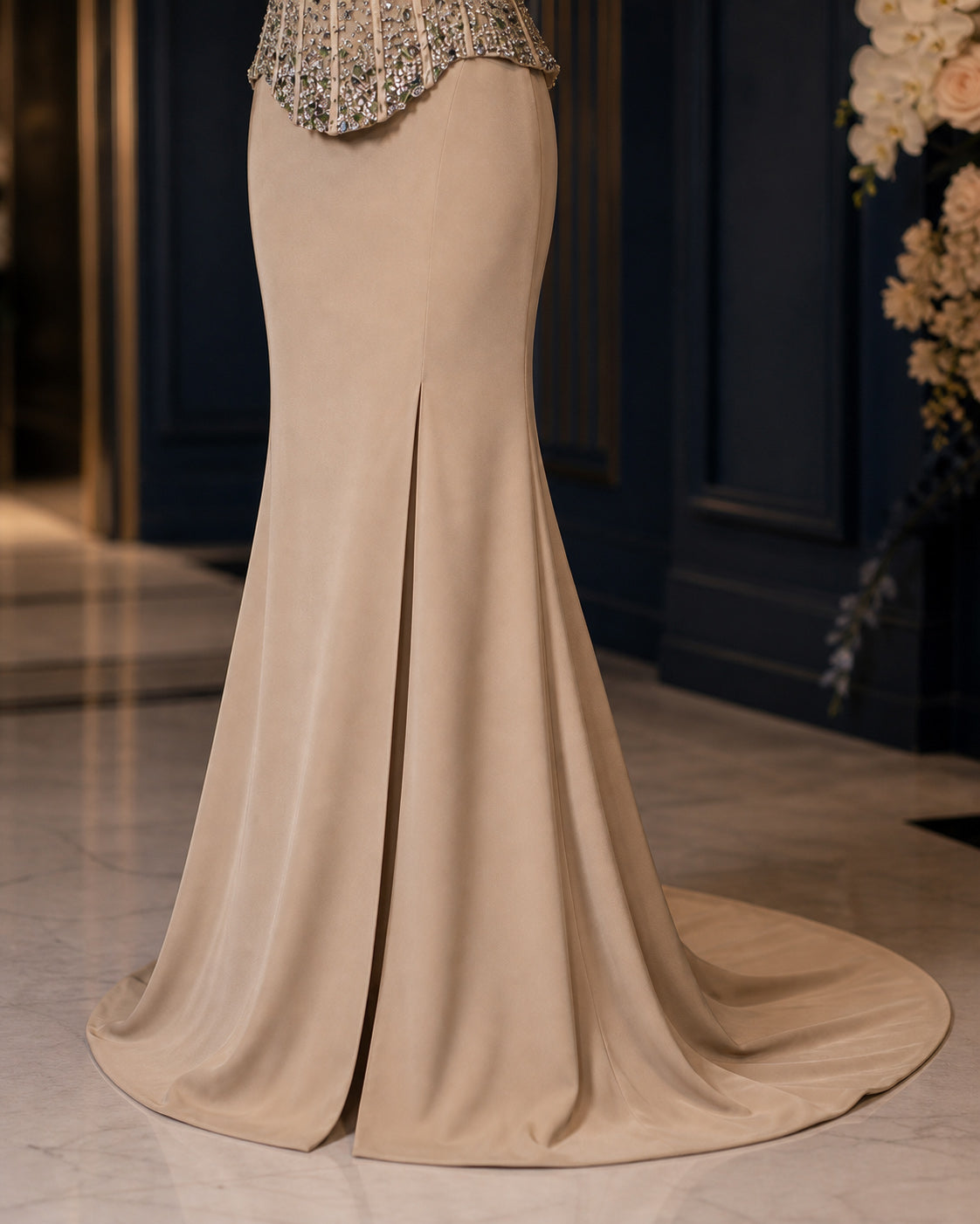 Strapless Crystal-Beaded Peplum Mermaid Evening Gown with Front Slit