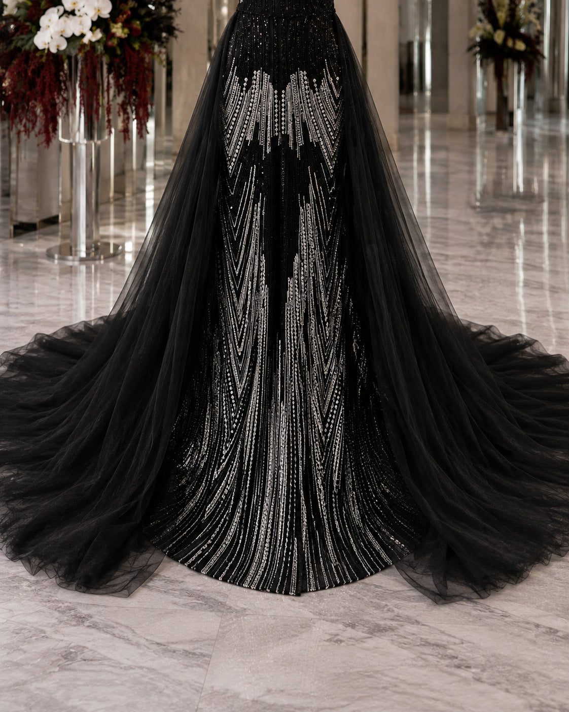 Off-Shoulder Crystal-Beaded A-Line Evening Gown with Sculptural Tulle Sleeves