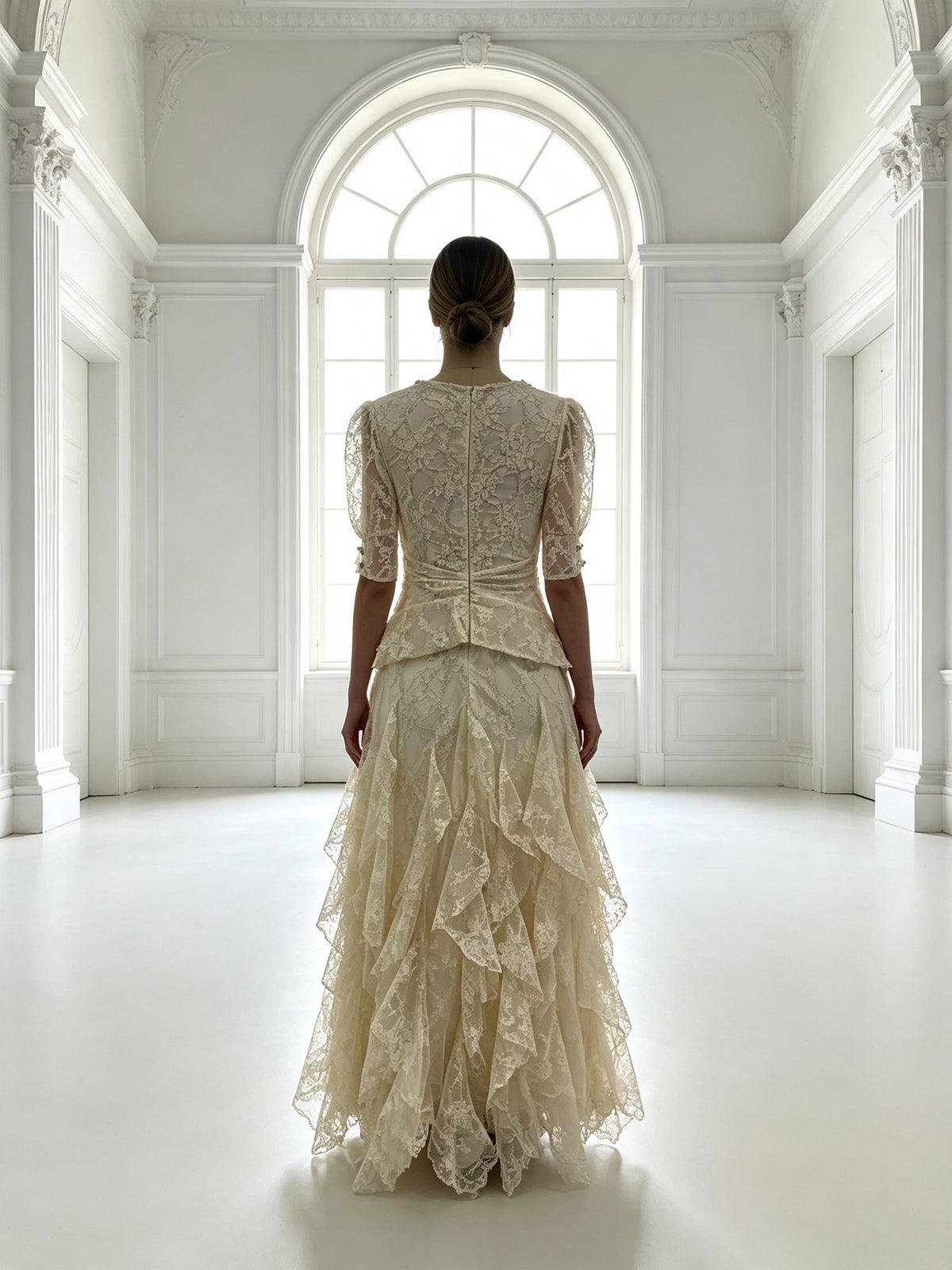 Elegant Lace Peplum Formal Evening Dress Short Sleeve Floor Length Wedding Guest Gown