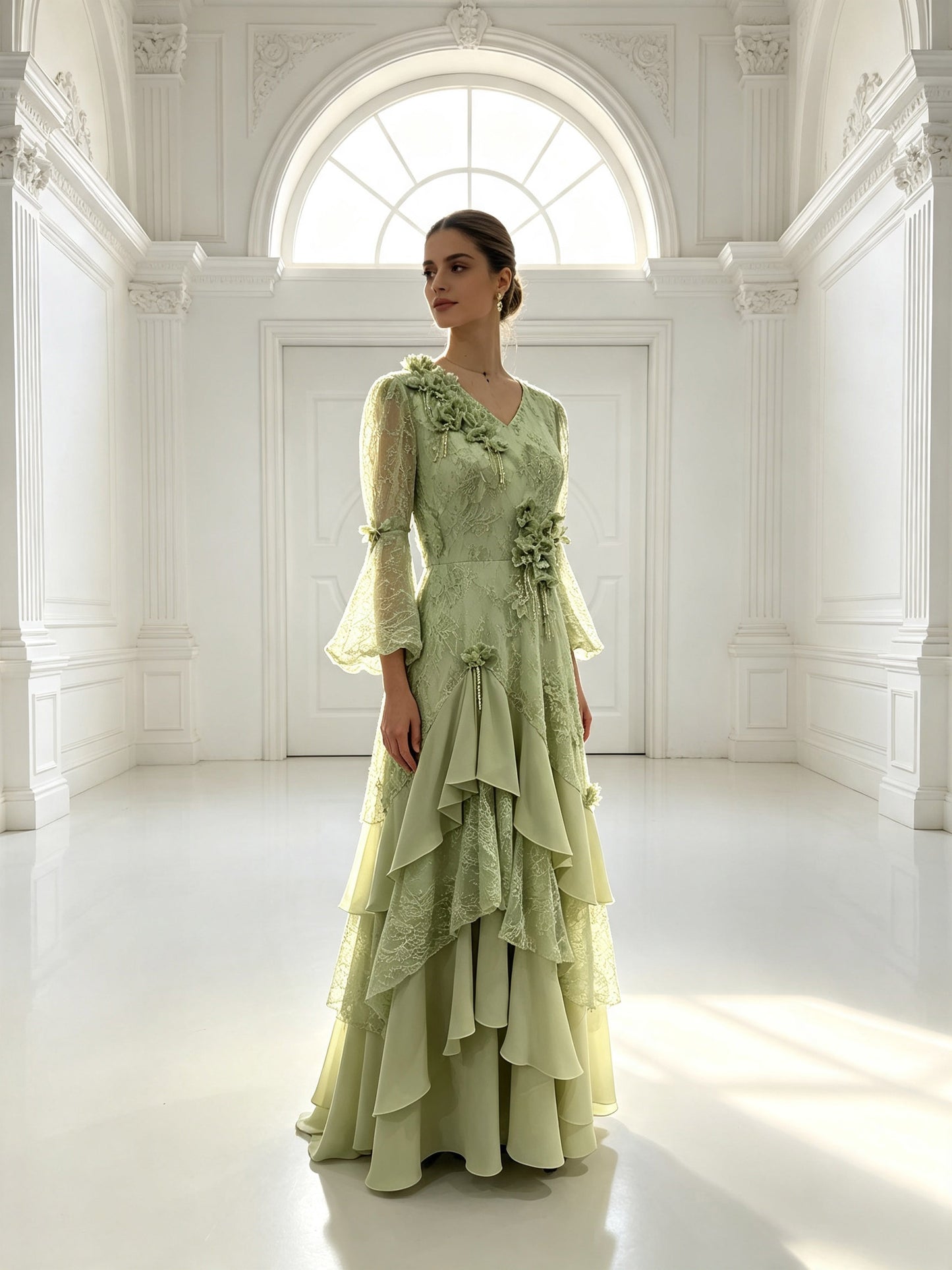 Plus Size Sage Green Lace Wedding Guest Dress | 3D Floral V-Neck Flared Sleeve Ruffled Maxi Evening Gown