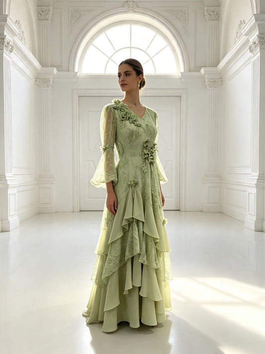 Plus Size Sage Green Lace Wedding Guest Dress | 3D Floral V-Neck Flared Sleeve Ruffled Maxi Evening Gown