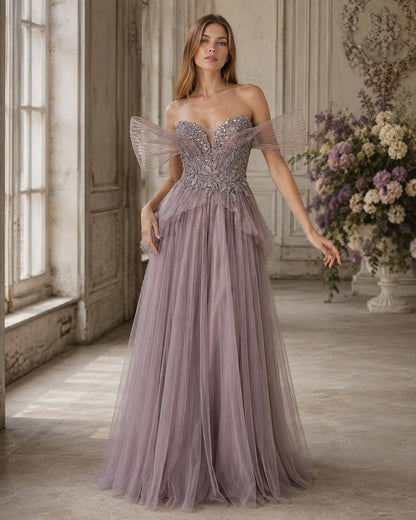 Sculptural Off-Shoulder Plunging Sweetheart Beaded Tulle A-Line Evening Gown