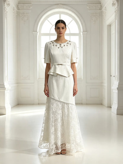 Elegant Lace Maxi Dress Women Short Sleeve Formal Evening Wedding Guest Dress
