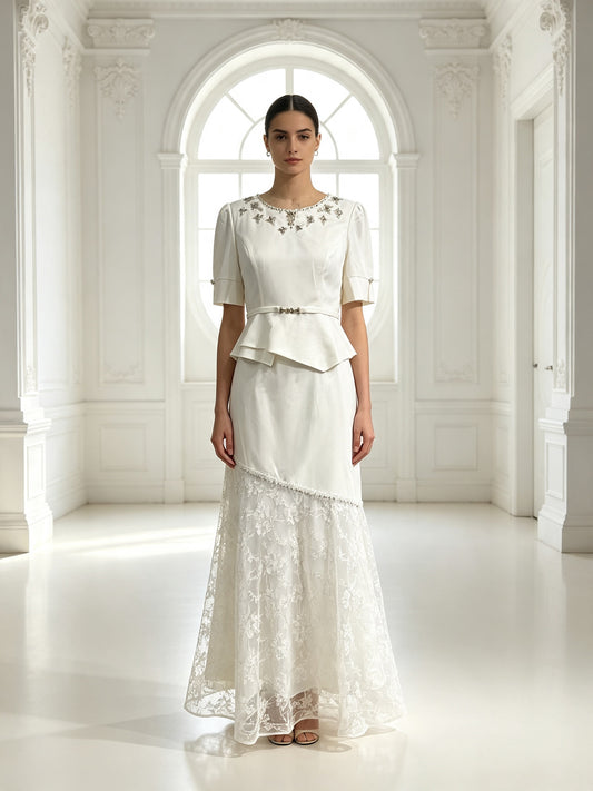Elegant Lace Maxi Dress Women Short Sleeve Formal Evening Wedding Guest Dress