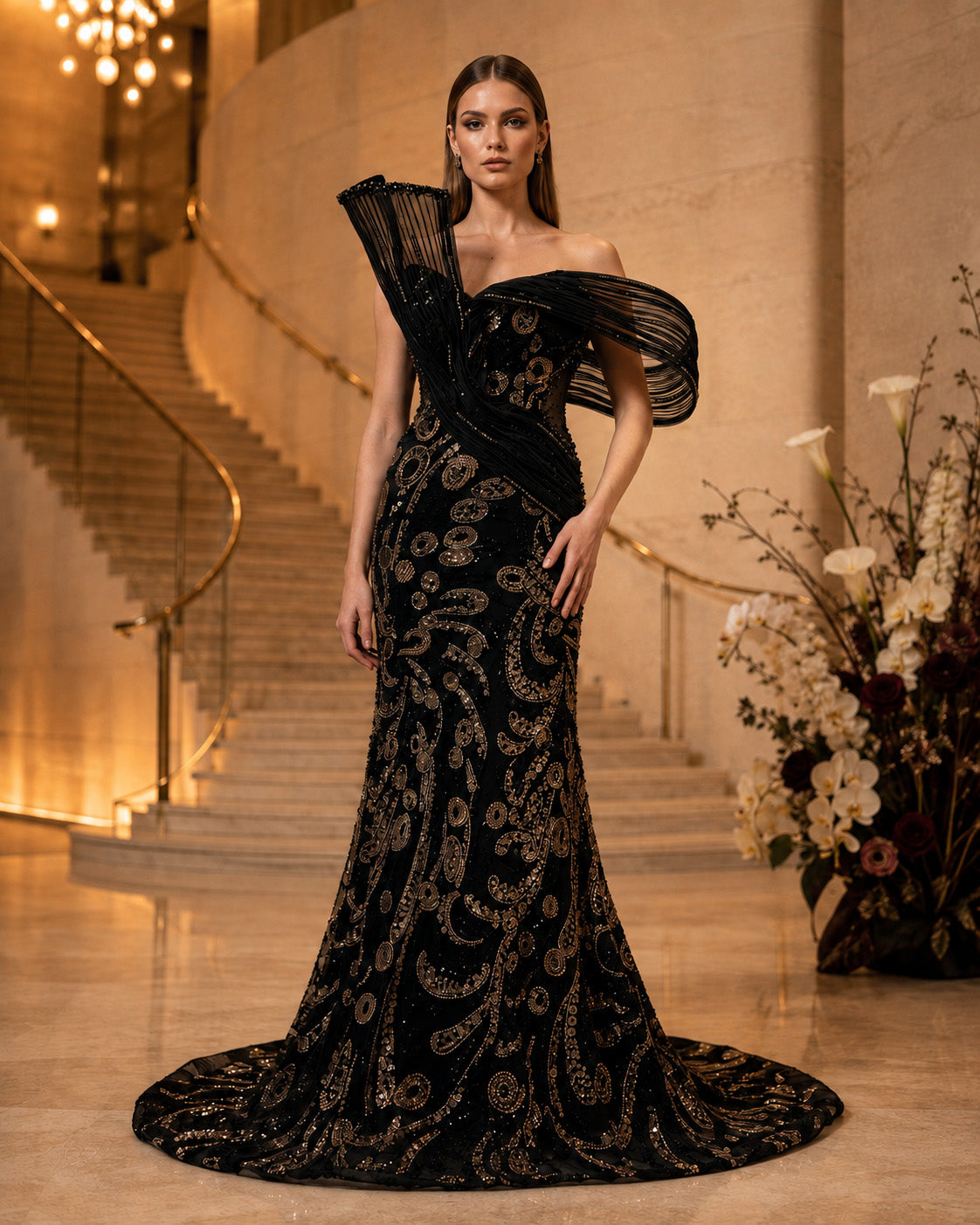 Sculptural One-Shoulder Paisley Sequin-Beaded Mermaid Evening Gown with Train