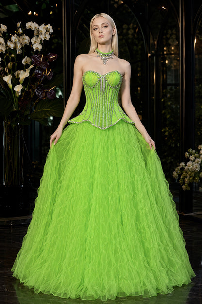 Strapless Sweetheart Crystal-Beaded Peplum Textured Tulle Ball Gown for Prom