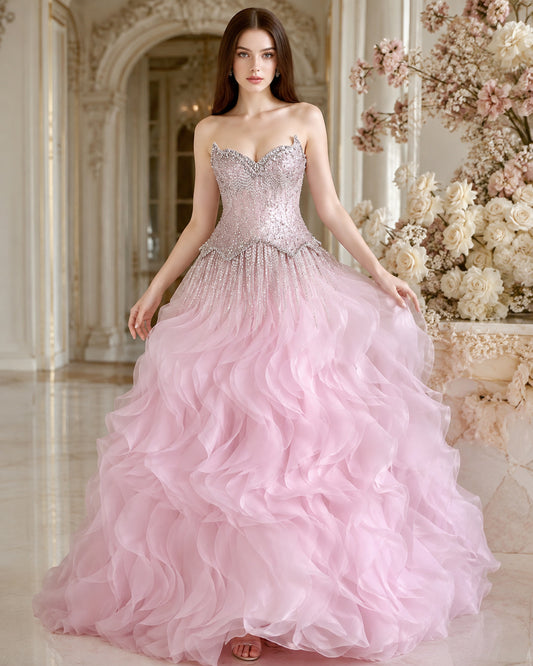 Strapless Sweetheart Crystal-Beaded Tiered Ruffle Tulle Prom Gown