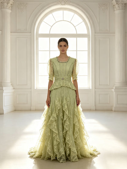 Elegant Lace Peplum Formal Evening Dress Short Sleeve Floor Length Wedding Guest Gown