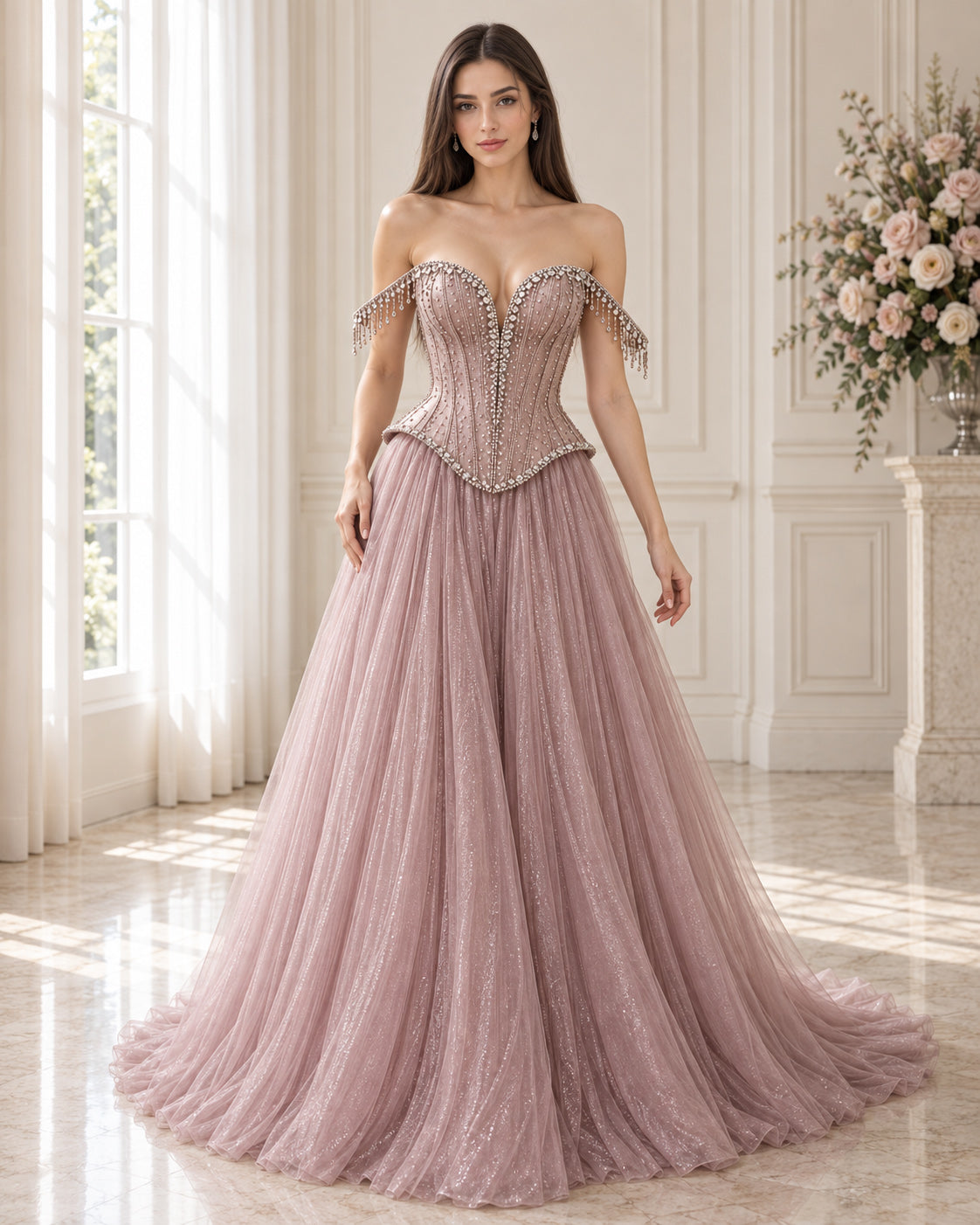 Off-Shoulder Sweetheart Crystal-Fringe Corset Tulle Ball Gown for Prom