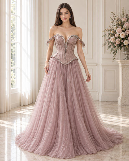 Off-Shoulder Sweetheart Crystal-Fringe Corset Tulle Ball Gown for Prom