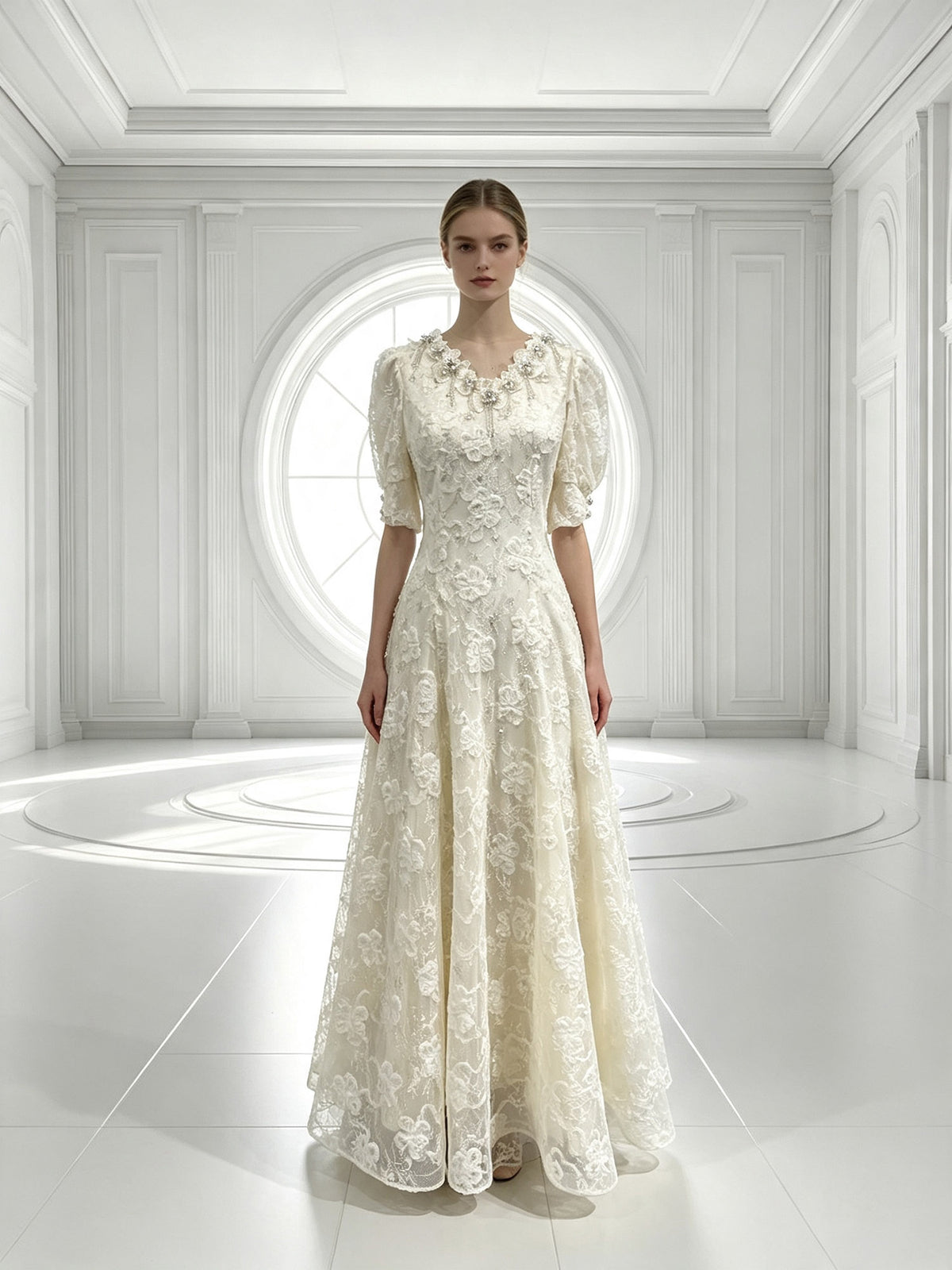 Elegant Ivory Lace Formal Dress with Floral Appliqué Puff Sleeves Long Gown