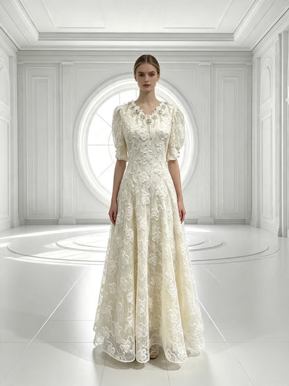 Elegant Ivory Lace Formal Dress with Floral Appliqué Puff Sleeves Long Gown