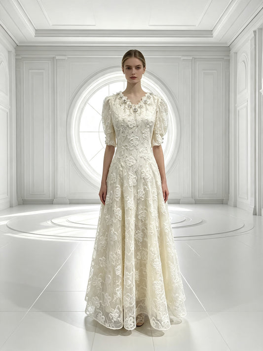 Elegant Ivory Lace Formal Dress with Floral Appliqué Puff Sleeves Long Gown