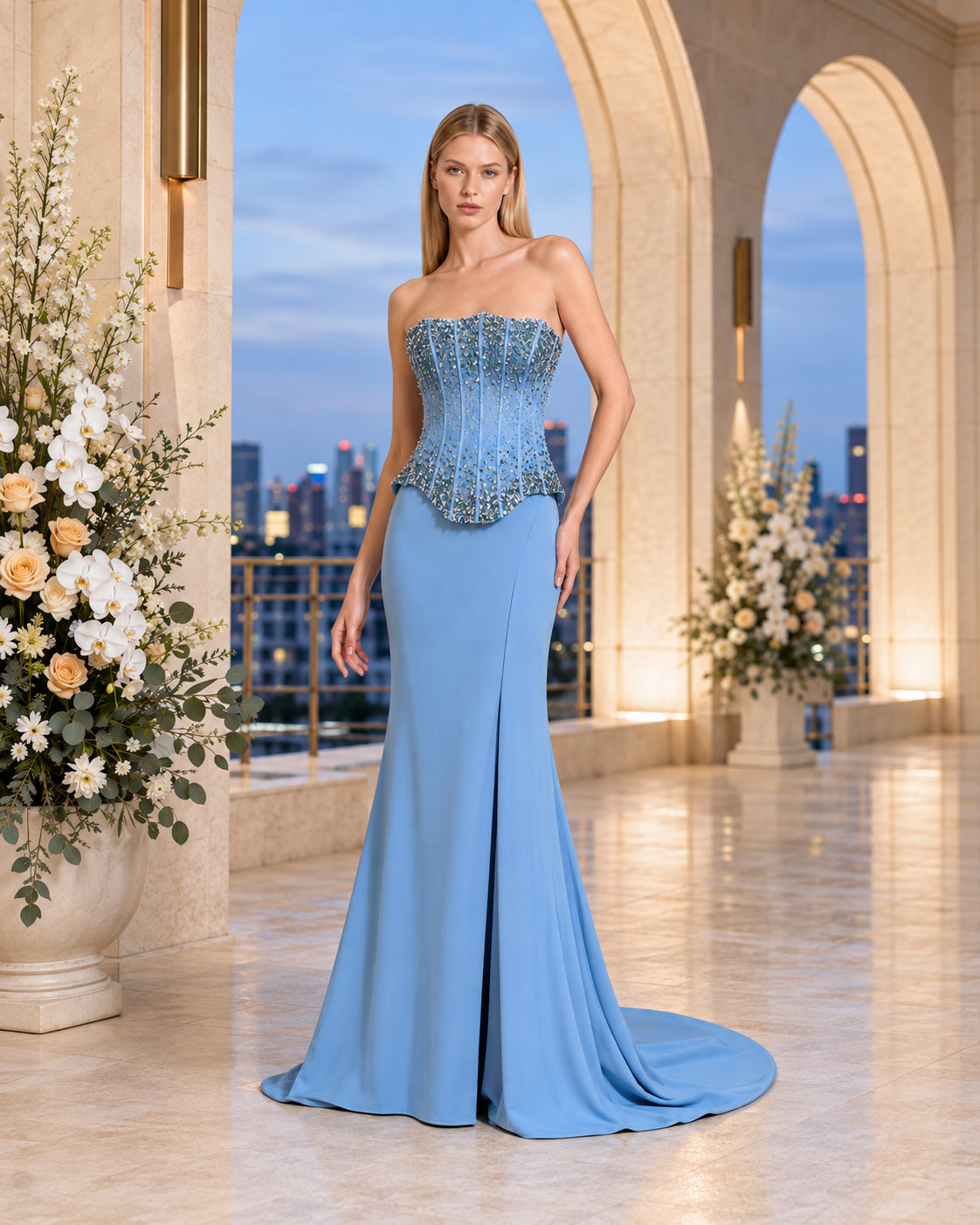 Strapless Crystal-Beaded Peplum Mermaid Evening Gown with Front Slit