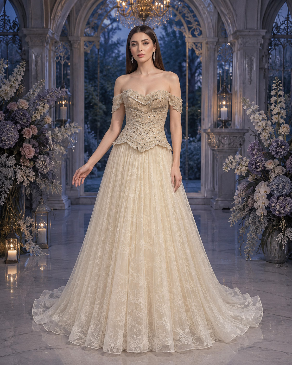 Off-Shoulder Scalloped Crystal-Beaded Lace Tulle A-Line Formal Gown