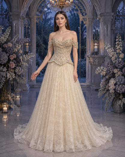 Off-Shoulder Scalloped Crystal-Beaded Lace Tulle A-Line Formal Gown