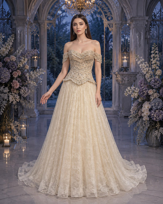 Off-Shoulder Scalloped Crystal-Beaded Lace Tulle A-Line Formal Gown