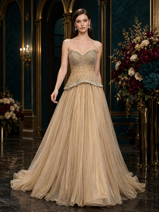 Strapless Sweetheart Pearl-Beaded Peplum Tulle A-Line Evening Gown