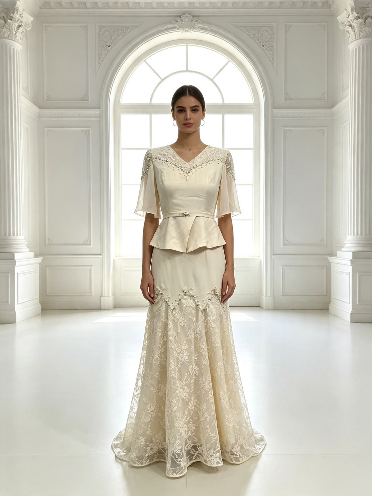 Elegant Lace Mother of The Bride Dress with Peplum Top, V Neck Formal Evening Gown