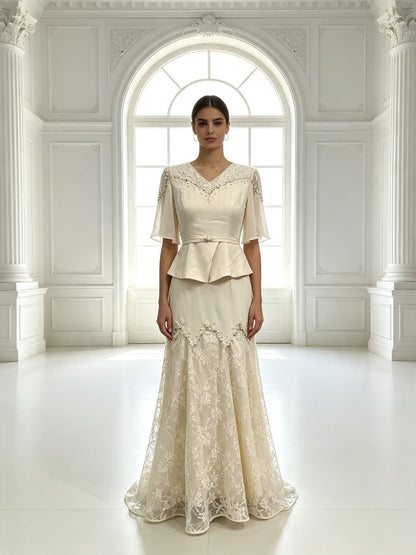 Elegant Lace Mother of The Bride Dress with Peplum Top, V Neck Formal Evening Gown