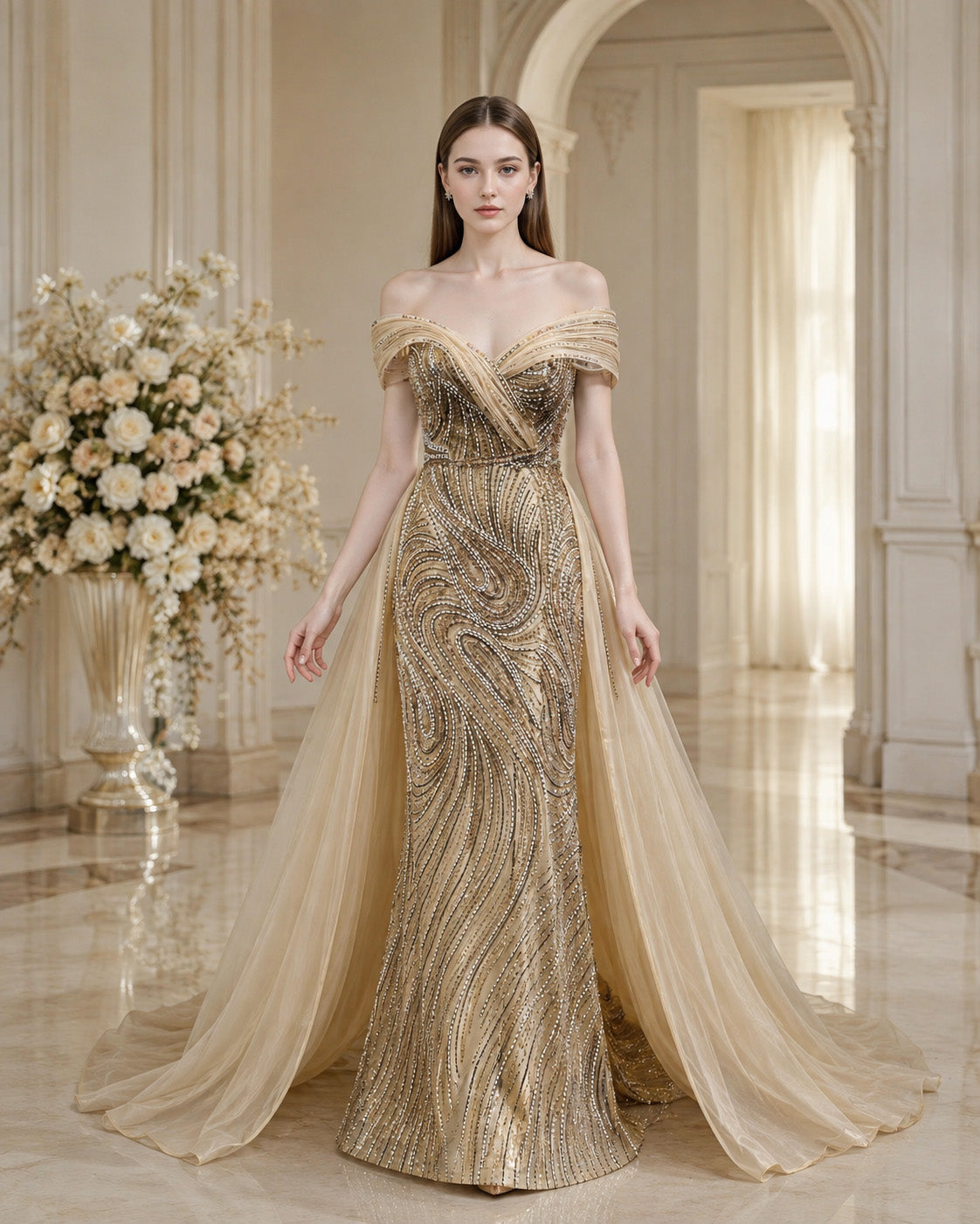 Off-Shoulder Draped Crystal-Beaded Mermaid Evening Gown with Tulle Overskirt
