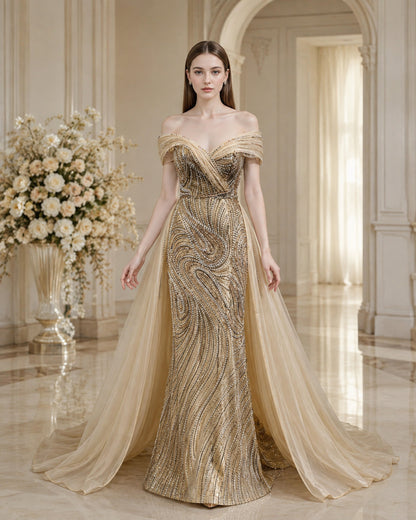 Off-Shoulder Draped Crystal-Beaded Mermaid Evening Gown with Tulle Overskirt