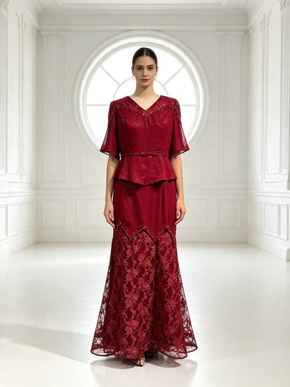 Elegant Lace Mother of The Bride Dress with Peplum Top, V Neck Formal Evening Gown
