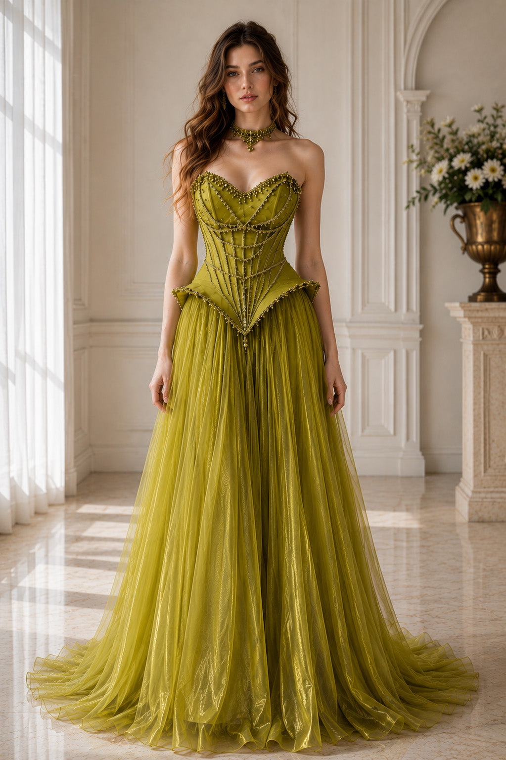 Strapless Sweetheart Crystal-Beaded Lace Basque-Waist A-Line Evening Gown