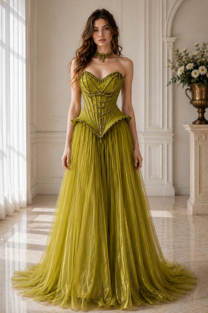 Strapless Sweetheart Crystal-Beaded Lace Basque-Waist A-Line Evening Gown