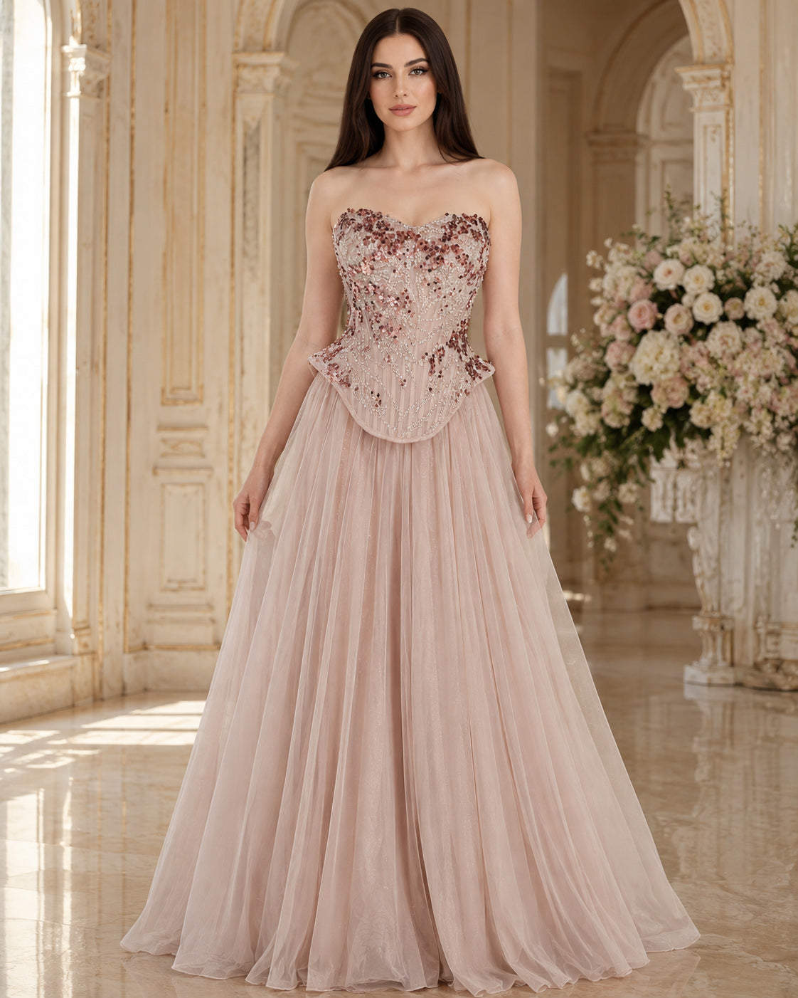 Strapless Sweetheart Floral-Beaded Corset A-Line Tulle Evening Gown