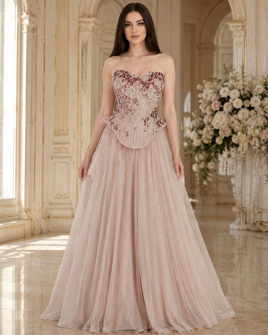 Strapless Sweetheart Floral-Beaded Corset A-Line Tulle Evening Gown