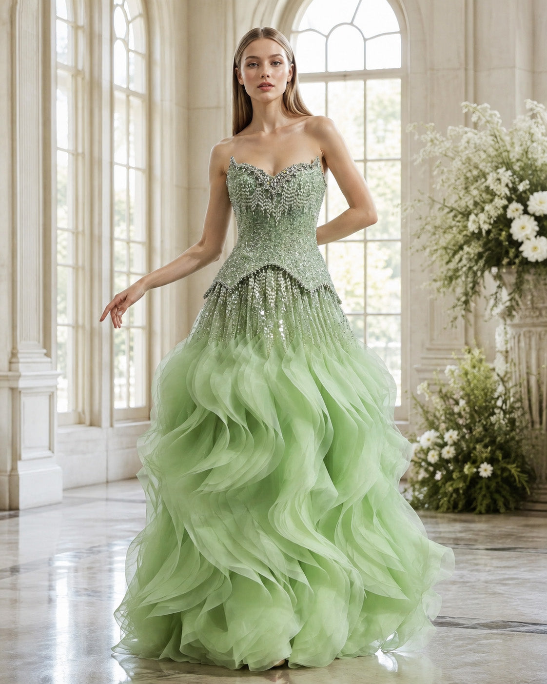 Strapless Sweetheart Crystal-Beaded Tiered Ruffle Tulle Prom Gown