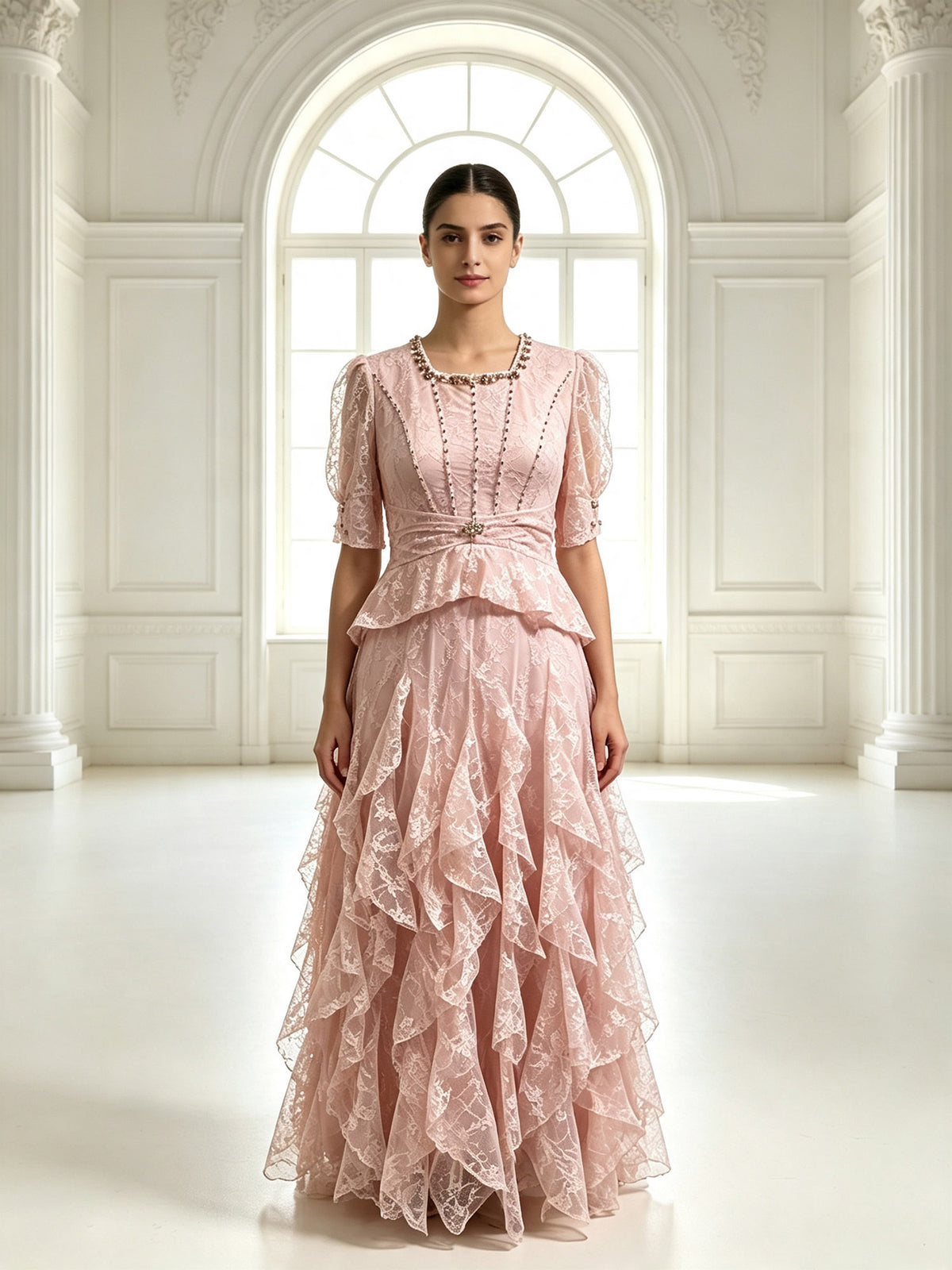Elegant Lace Peplum Formal Evening Dress Short Sleeve Floor Length Wedding Guest Gown