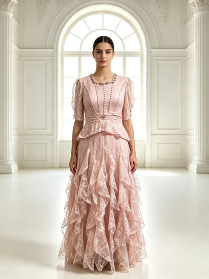 Elegant Lace Peplum Formal Evening Dress Short Sleeve Floor Length Wedding Guest Gown