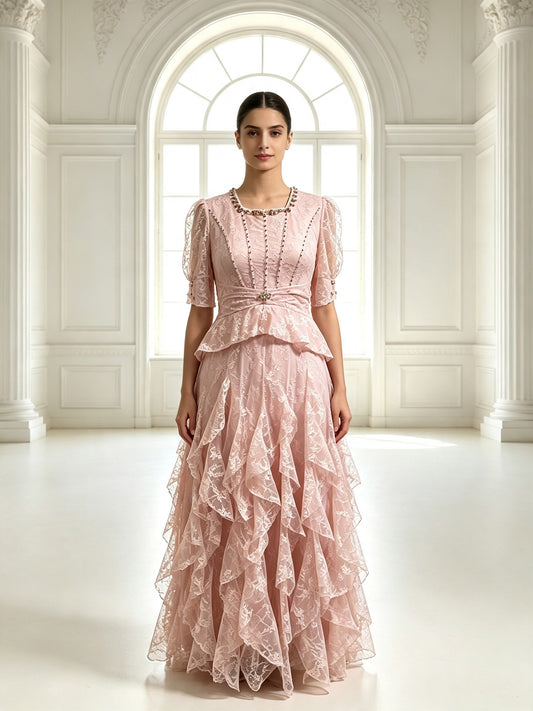 Elegant Lace Peplum Formal Evening Dress Short Sleeve Floor Length Wedding Guest Gown