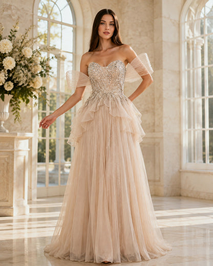 Sculptural Off-Shoulder Plunging Sweetheart Beaded Tulle A-Line Evening Gown