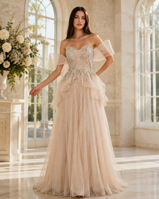 Sculptural Off-Shoulder Plunging Sweetheart Beaded Tulle A-Line Evening Gown