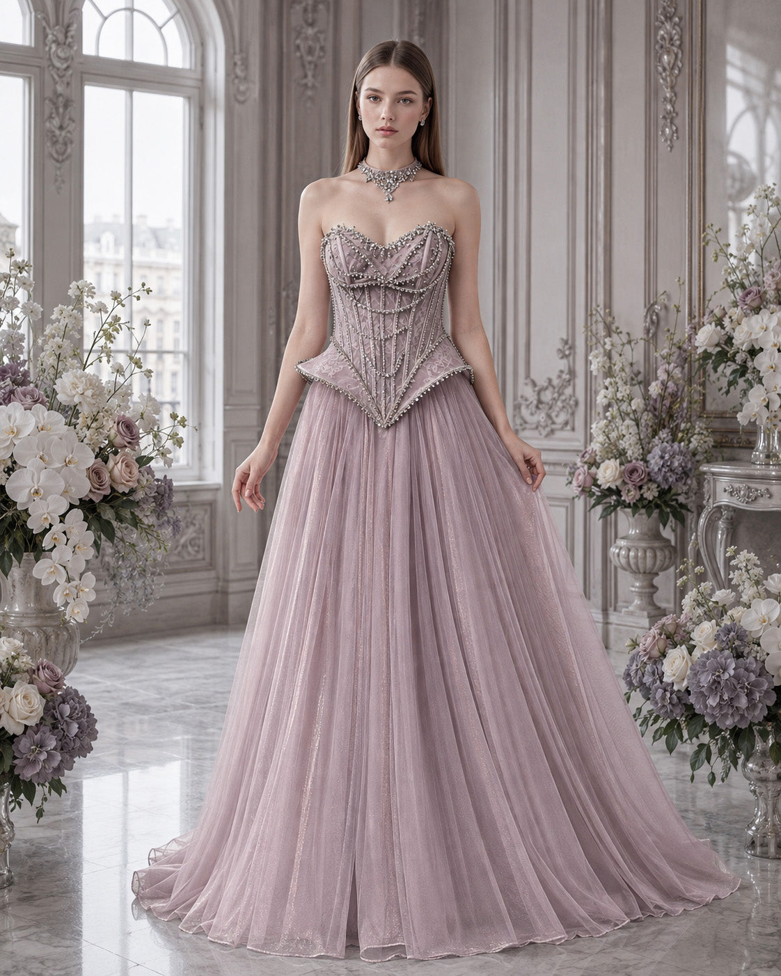 Strapless Sweetheart Crystal-Beaded Lace Basque-Waist A-Line Evening Gown