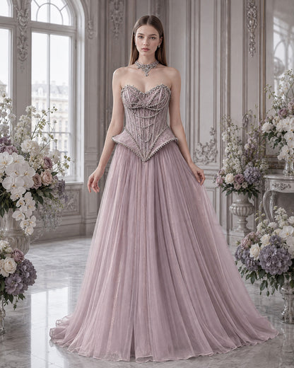 Strapless Sweetheart Crystal-Beaded Lace Basque-Waist A-Line Evening Gown