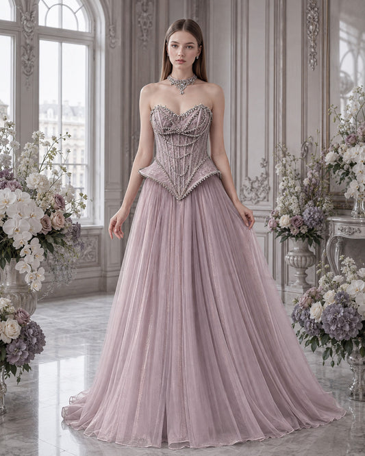 Strapless Sweetheart Crystal-Beaded Lace Basque-Waist A-Line Evening Gown