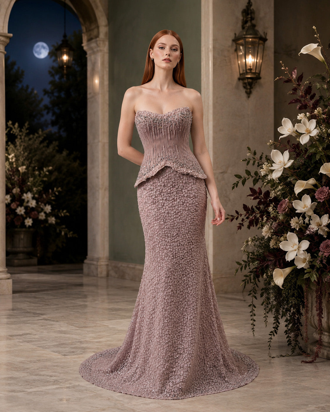 Strapless Sweetheart Crystal-Beaded Peplum Sequin Mermaid Evening Gown