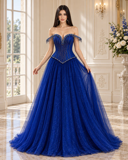 Off-Shoulder Sweetheart Crystal-Fringe Corset Tulle Ball Gown for Prom
