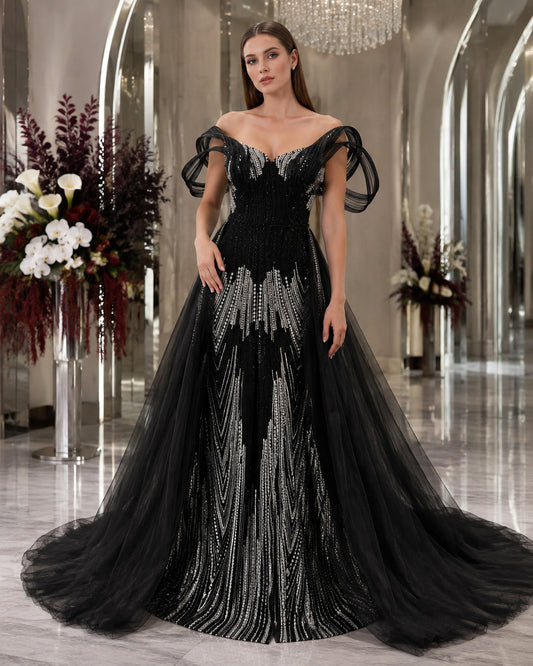 Off-Shoulder Crystal-Beaded A-Line Evening Gown with Sculptural Tulle Sleeves