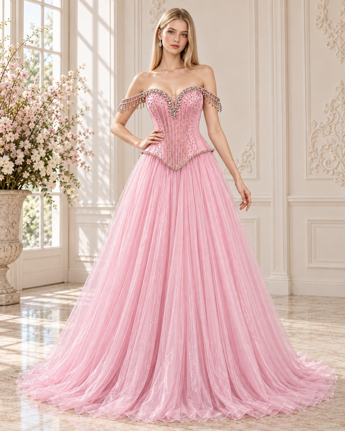 Off-Shoulder Sweetheart Crystal-Fringe Corset Tulle Ball Gown for Prom
