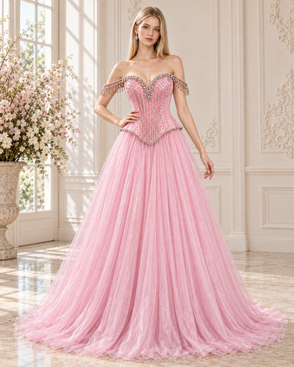 Off-Shoulder Sweetheart Crystal-Fringe Corset Tulle Ball Gown for Prom