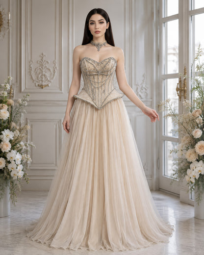 Strapless Sweetheart Crystal-Beaded Lace Basque-Waist A-Line Evening Gown