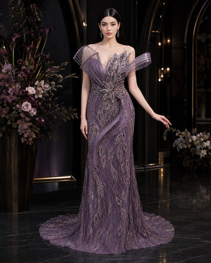 Sculptural One-Shoulder Leaf-Motif Beaded Mermaid Evening Gown with Train
