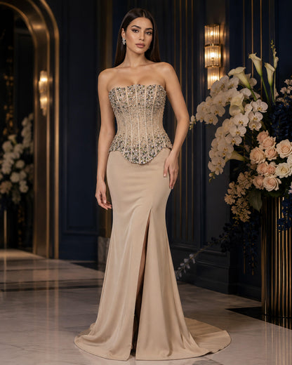 Strapless Crystal-Beaded Peplum Mermaid Evening Gown with Front Slit